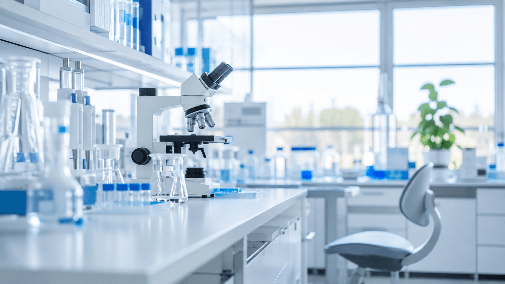 Ljust modernt laboratorium med mikroskop, glasvaror och analysutrustning