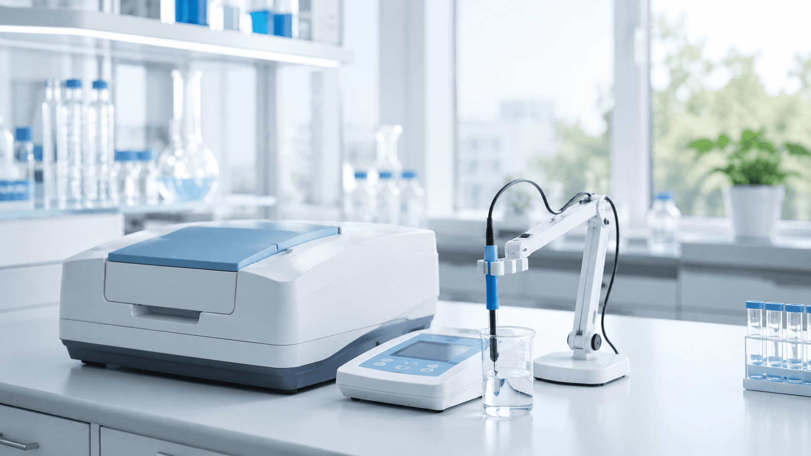 Analysinstrument – spektrofotometer och pH-mätare på en laboratoriebänk