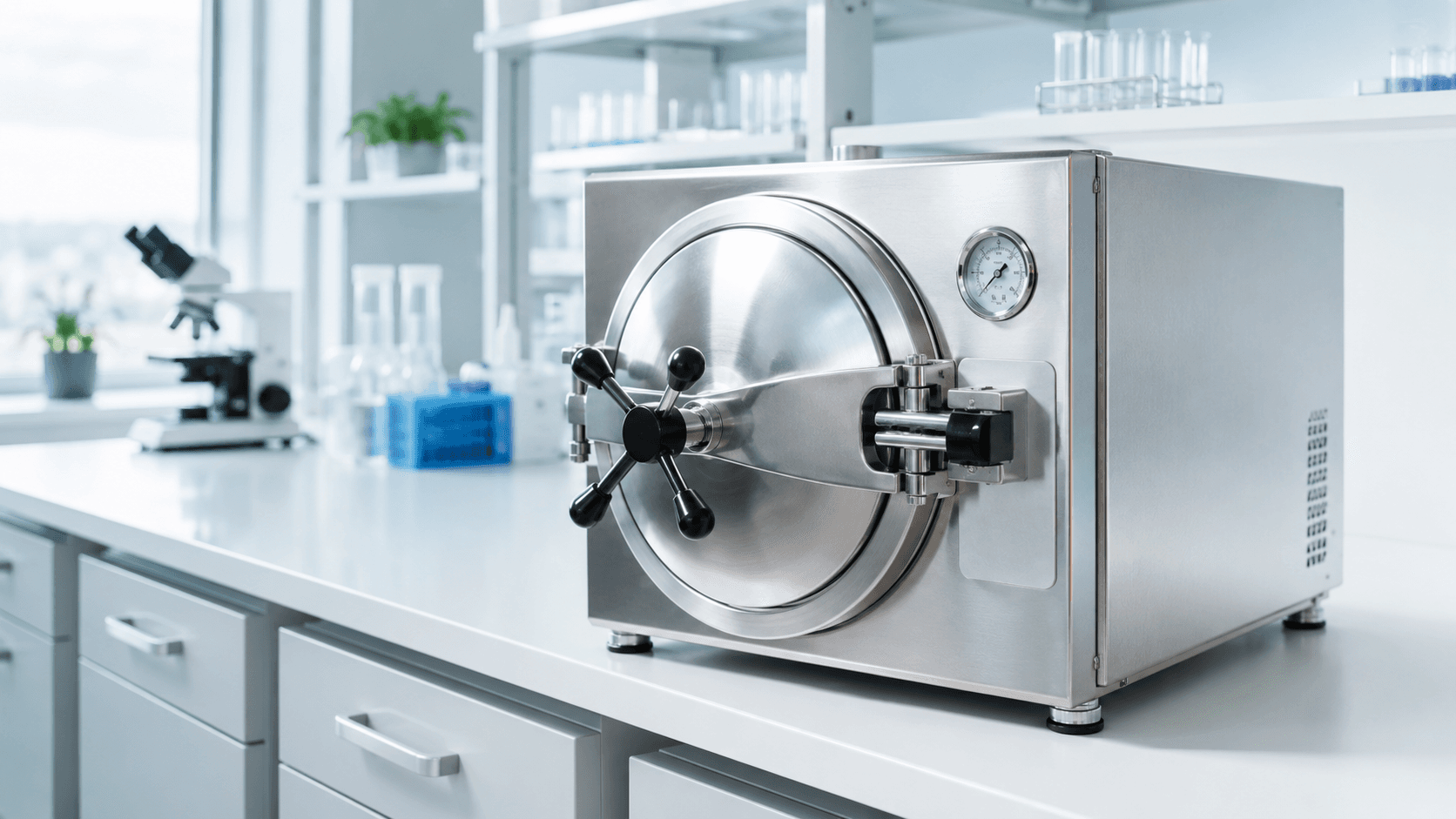 Autoklav i rostfritt stål för sterilisering på en laboratoriebänk