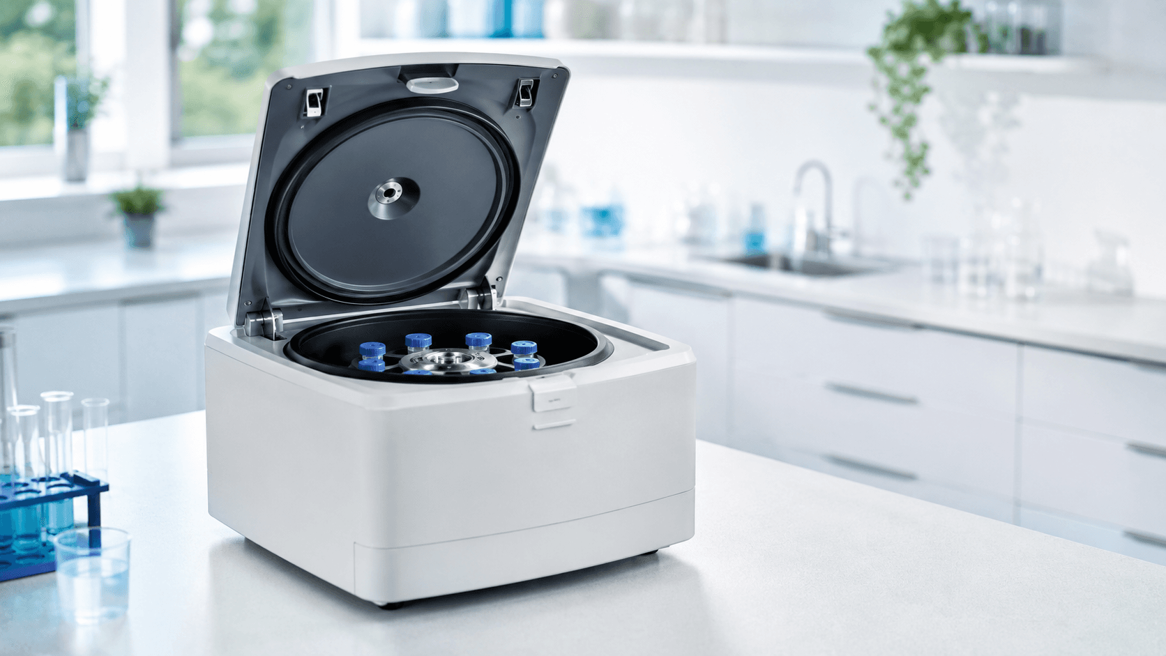 Bordscentrifug med öppen rotor och provrör i ett laboratorium