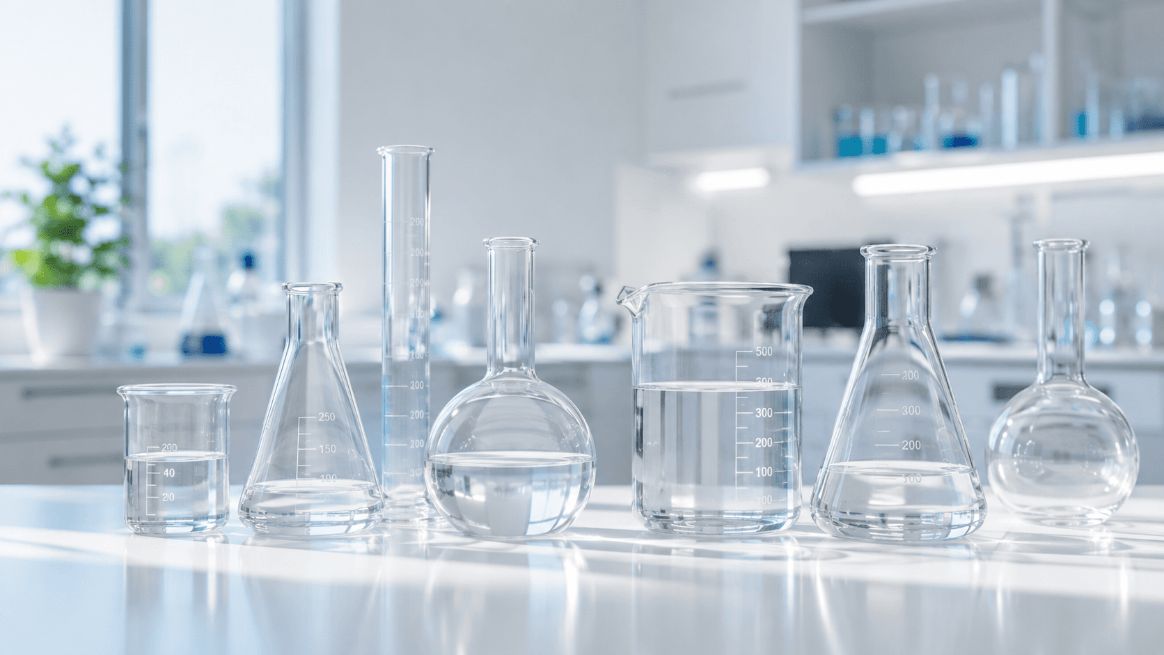 Laboratorieglas i borosilikat – bägare, kolvar och mätcylindrar på en bänk
