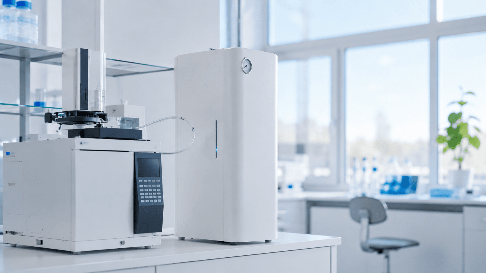 Kvävgasgenerator bredvid ett analysinstrument i ett laboratorium