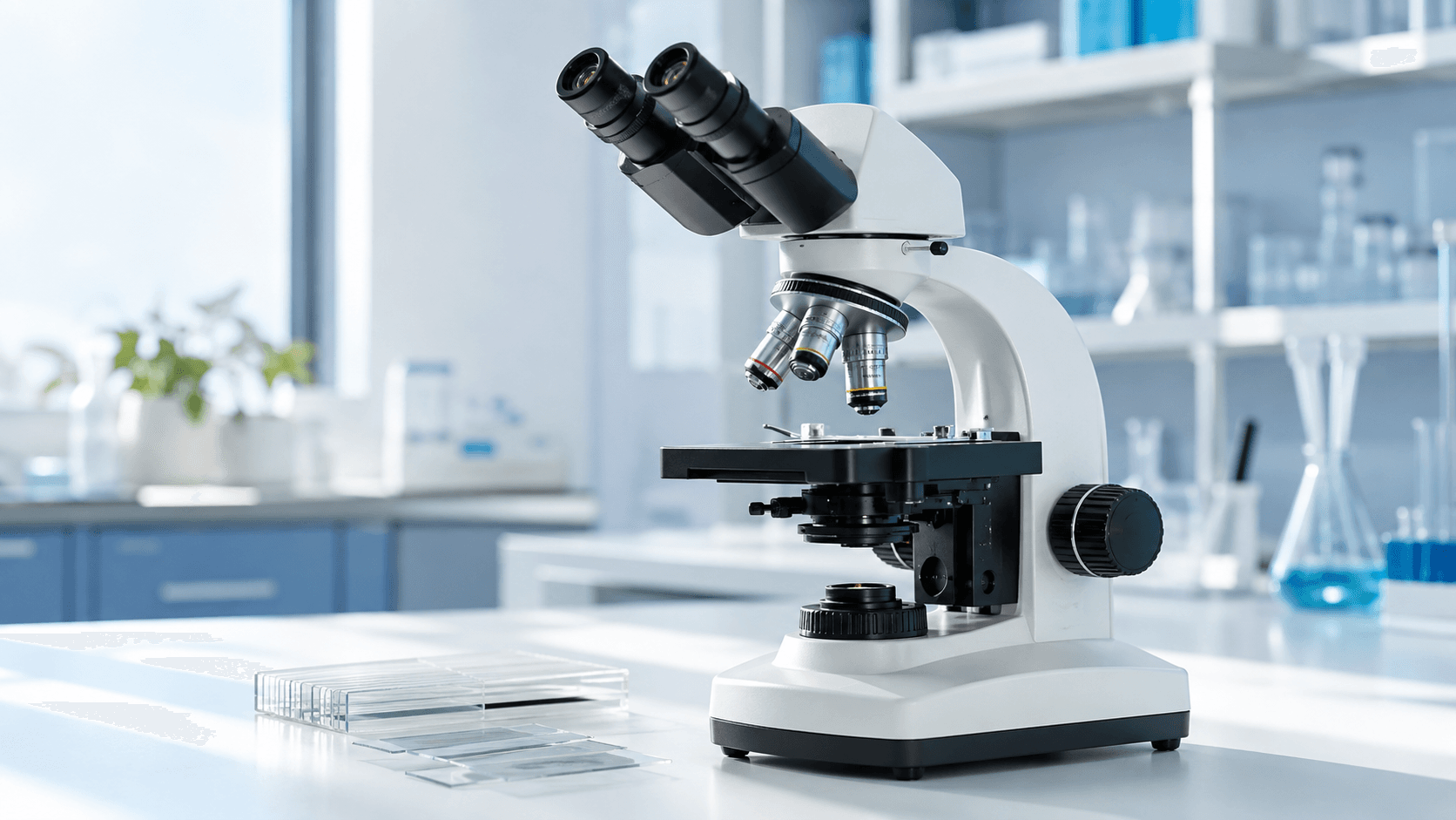 Laboratoriemikroskop på en ren arbetsbänk med objektglas
