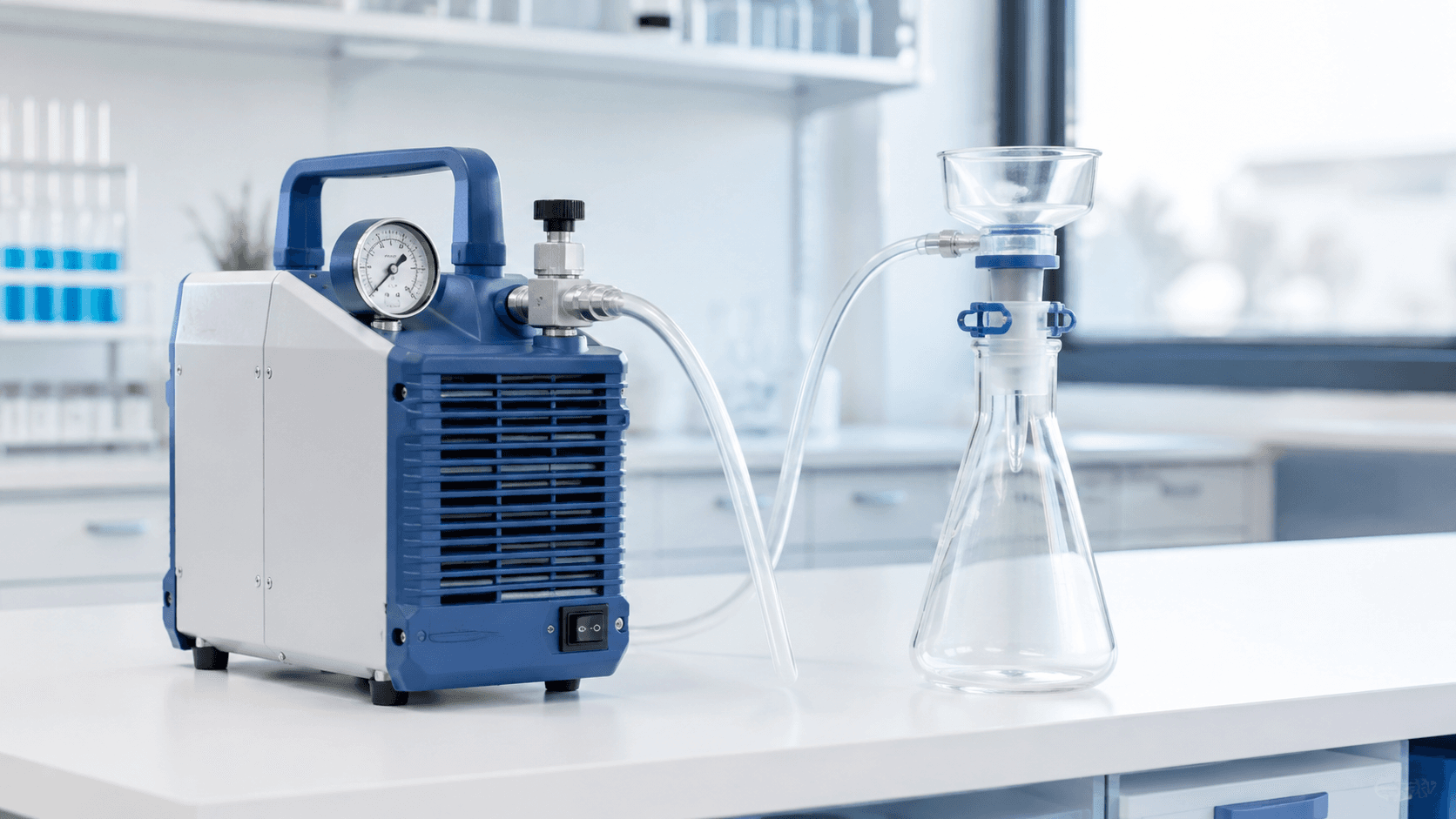 Laboratorievakuumpump ansluten med slang till en filtreringskolv