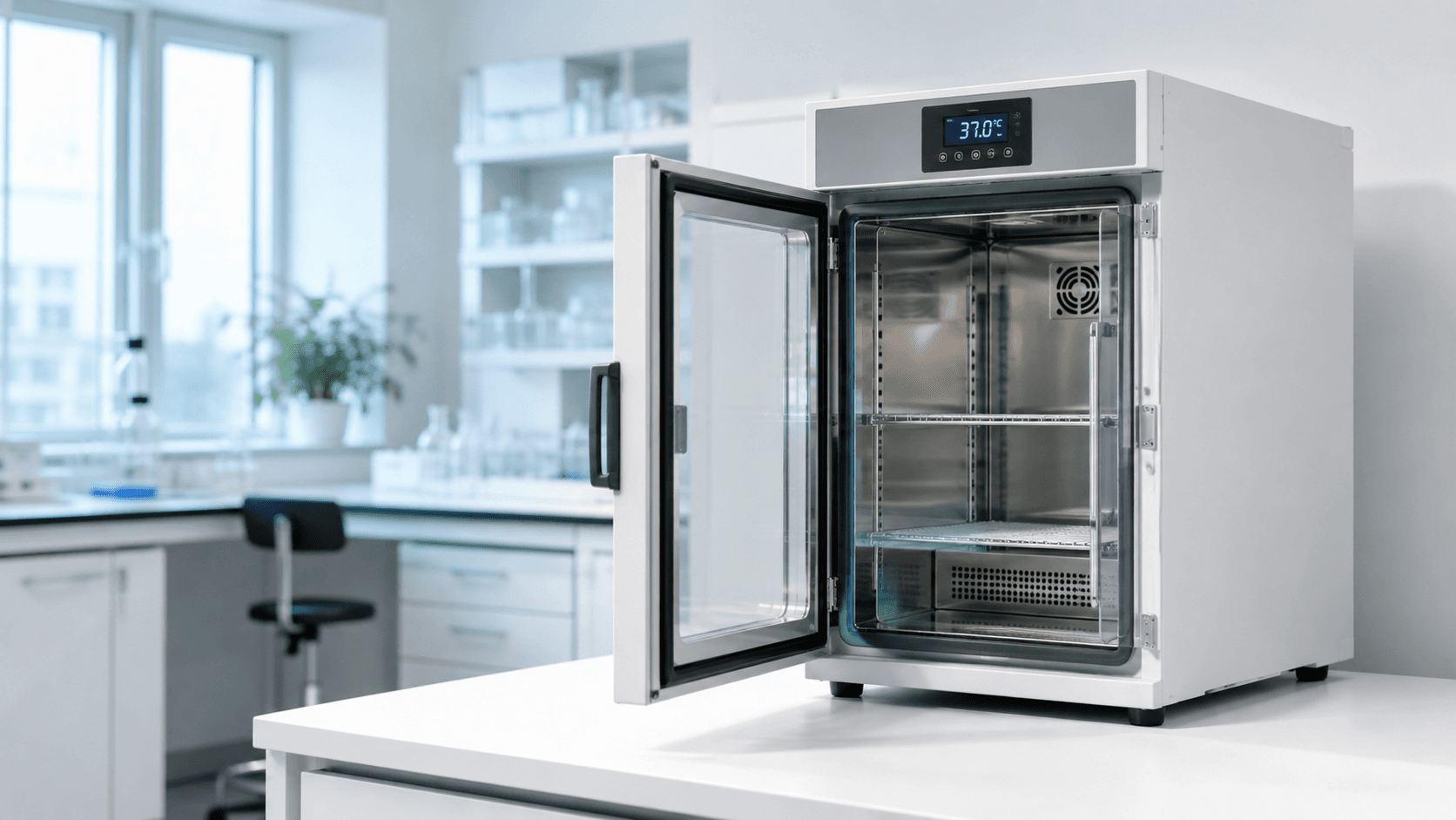 Värmeskåp och inkubator med digital temperaturdisplay i ett laboratorium