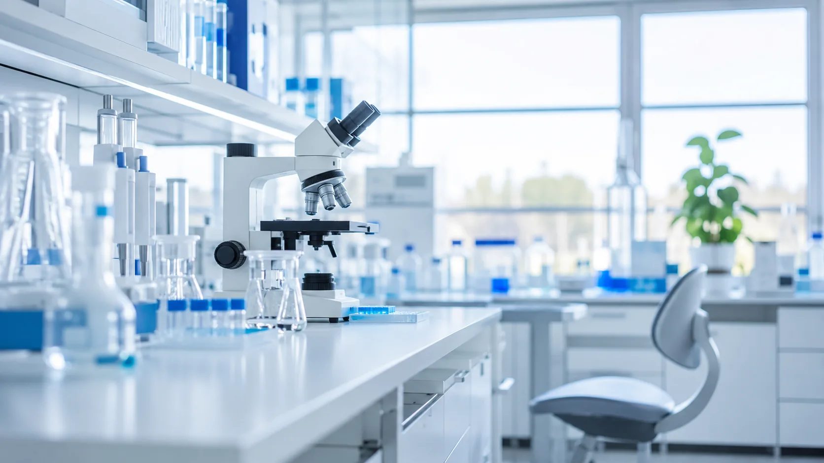 Ljust modernt laboratorium med mikroskop, glasvaror och analysutrustning