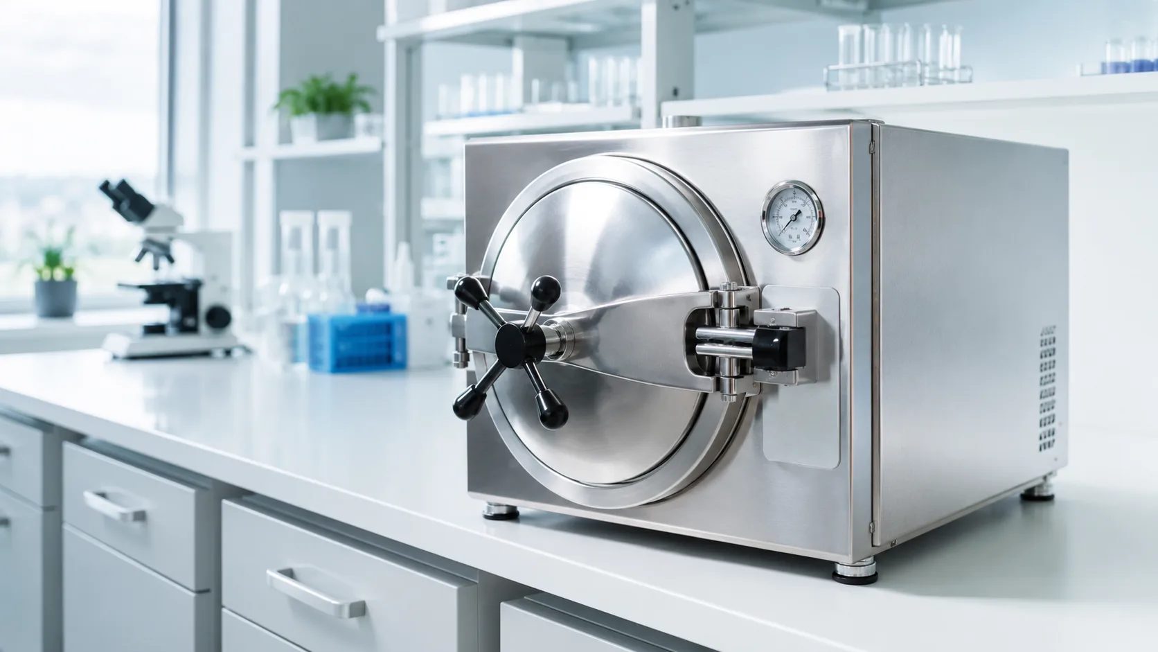 Autoklav i rostfritt stål för sterilisering på en laboratoriebänk