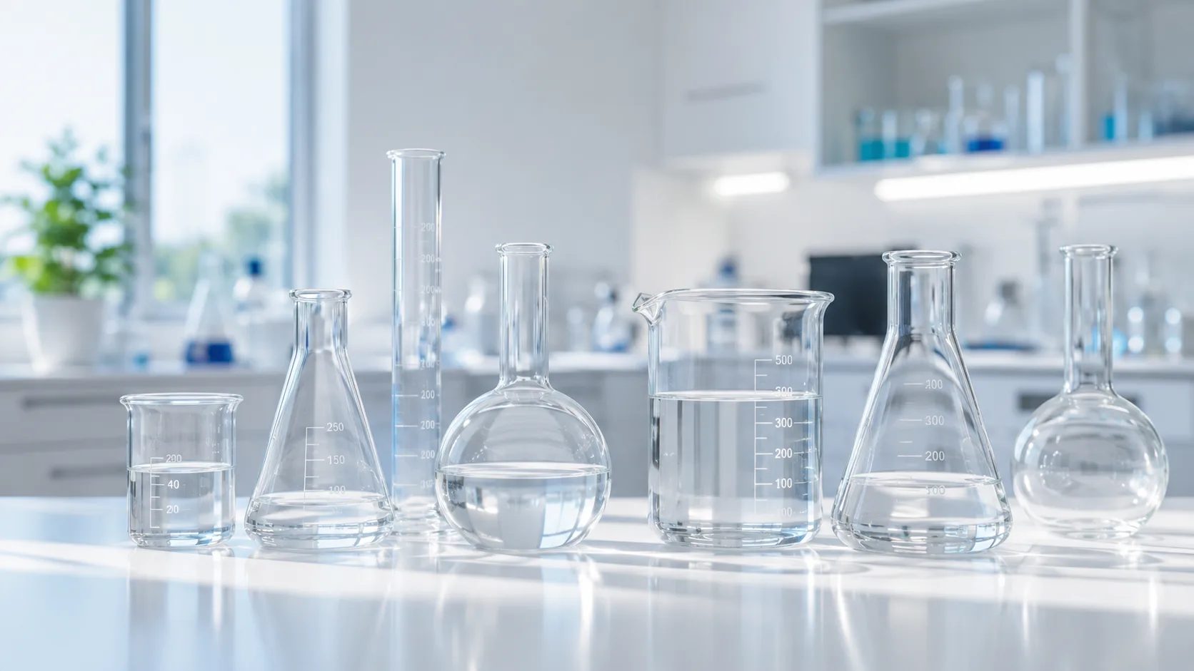 Laboratorieglas i borosilikat – bägare, kolvar och mätcylindrar på en bänk