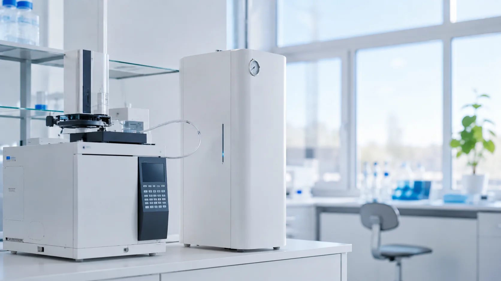 Kvävgasgenerator bredvid ett analysinstrument i ett laboratorium