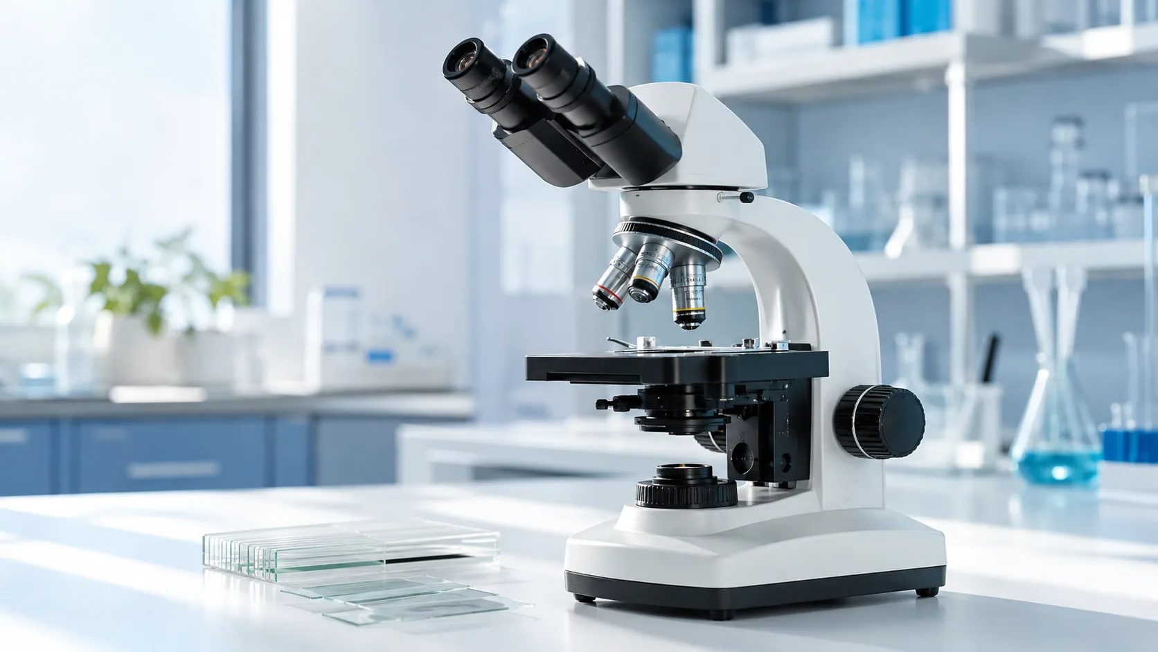 Laboratoriemikroskop på en ren arbetsbänk med objektglas