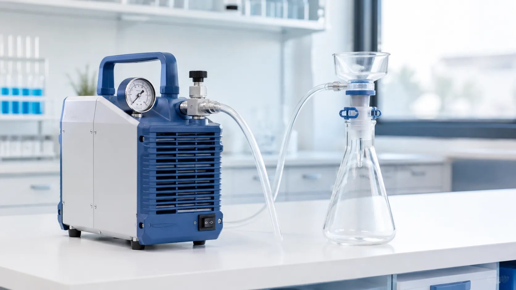 Laboratorievakuumpump ansluten med slang till en filtreringskolv